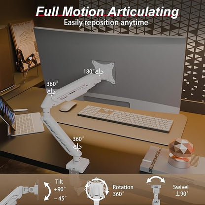 Monitor Arm, Gas Spring Monitor Stand for 17-35 Inch Screens up to 24.3 lbs, Adjustable Mount with C-Clamp & Grommet Base, Ergonomic Computer Monitor Mount (Single Arm White)