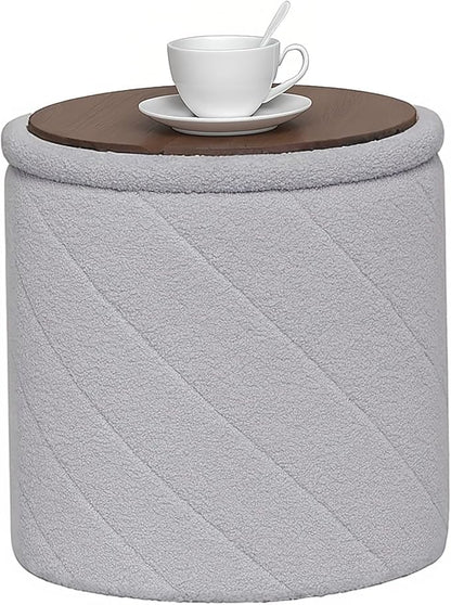 B FSOBEIIALEO Ottoman with Stroage, Boucle Round Storage Ottoman with Tray,Foot Rest Stool for Dorm Room, Living Room Grey, 16.93"x16.93"x17.72"