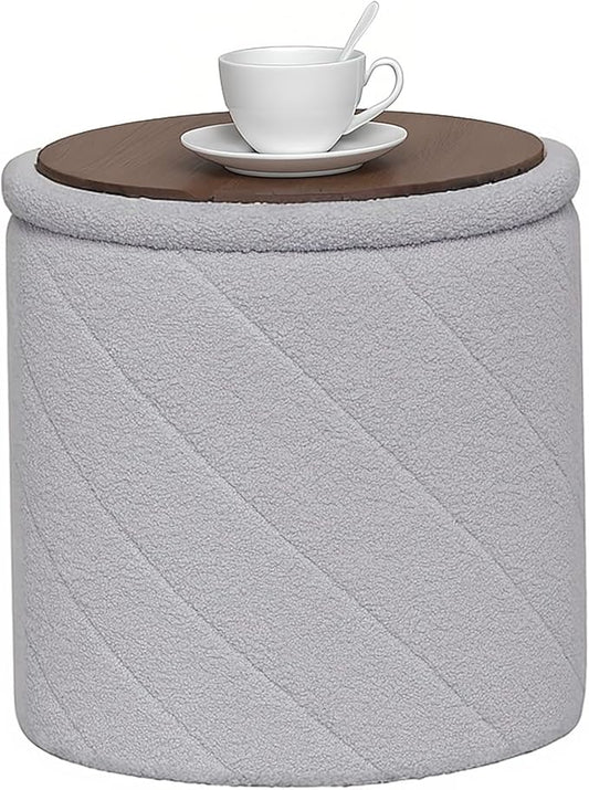 B FSOBEIIALEO Ottoman with Stroage, Boucle Round Storage Ottoman with Tray,Foot Rest Stool for Dorm Room, Living Room Grey, 16.93"x16.93"x17.72"