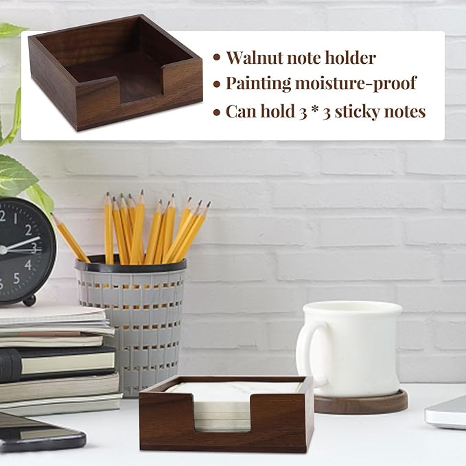 MultiBey Walnut Wooden Sticky Note Holder, Self-Sticky Note Pads Holder, Wood Post it Note Dispenser Sticky Memo Holder Paper Dispenser Desk Accessory for Office Home