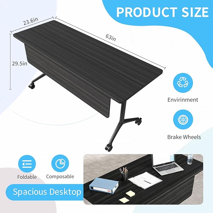 Conference Table, Folding Conference Room Tables on Wheels, Modern Meeting Seminar Table Computer Desk, Boardroom Desk for Office Meeting Conference Room,White (10, 1915D, 63)