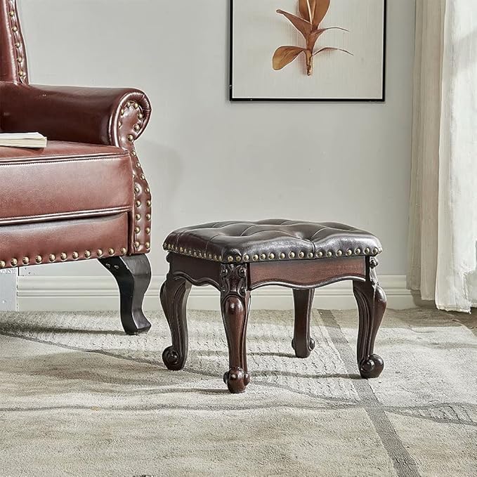 Footstool and Ottomans Small Foot Stool with Fiber Leather Wooden Foot Rest Upholstered Footrest for Living Room Bedroom (Dark-Brown)