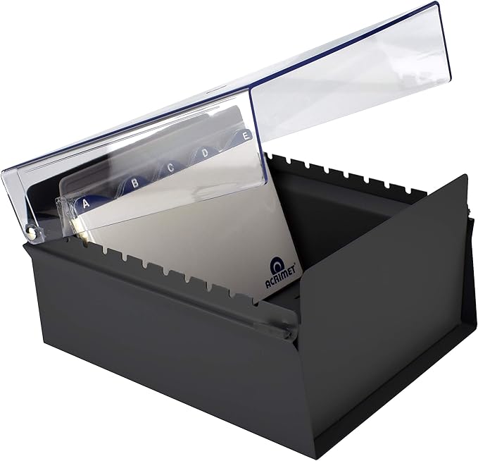 Acrimet 5 X 8 Card File Holder Organizer Box Metal Base Heavy Duty (AZ Index Cards and Divider Included) (Black Color with Clear Crystal Plastic Lid Cover)