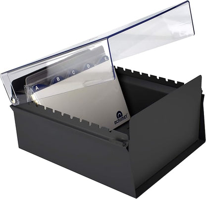 Acrimet 5 X 8 Card File Holder Organizer Box Metal Base Heavy Duty (AZ Index Cards and Divider Included) (Black Color with Clear Crystal Plastic Lid Cover)