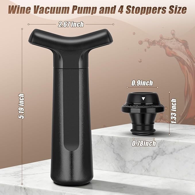 Wine Saver Vacuum Pump Set with 4 Reusable Wine Stoppers, Wine Bottle Preserver & Sealer, Keeps Wine Fresh Longer, Ergonomic Handle, Ideal Gift for Wine Lovers