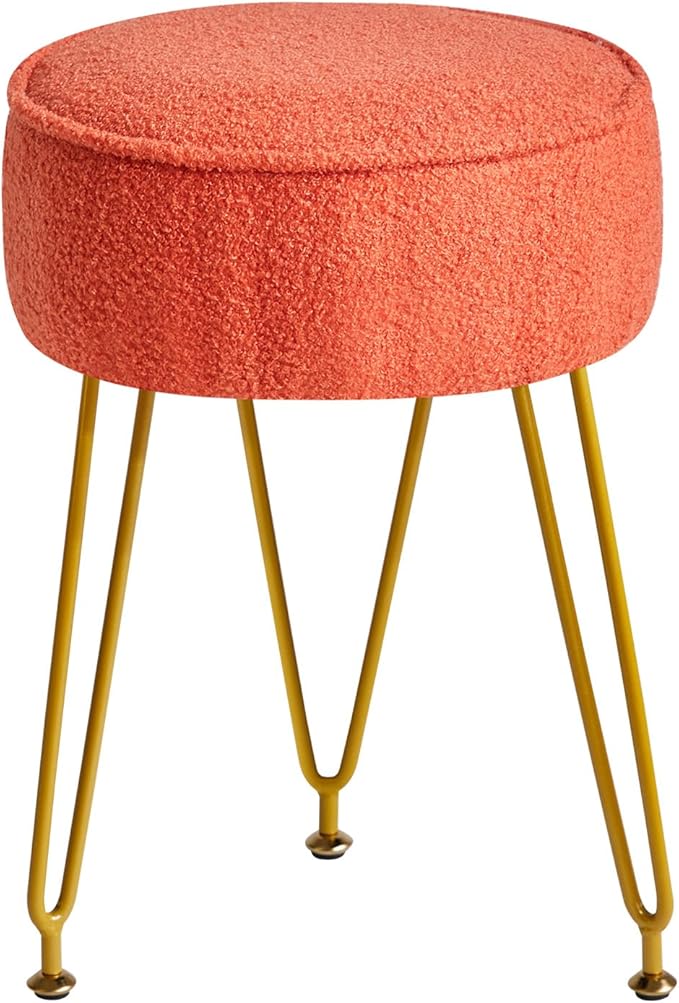 IBUYKE Teddy Velvet Round Footrest Stool Ottoman, Makeup Vanity Stool Side Table, Velvet Dressing Table Seat, Pouf Couch Stool, for Living Room Bedroom, Orange WBD009J