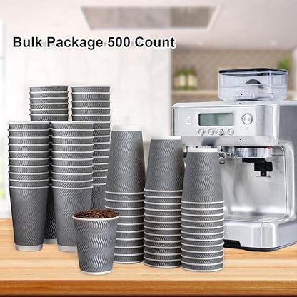 Lamosi 500 Count 12 oz Insulated Coffee Cups Bulk, Disposable Paper Cups No Lids 12oz, Corrugated Ripple Wall Design for Hot Beverage (Grey)