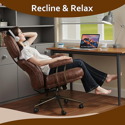 Faux Leather Executive Office Chair - Big and Tall Ergonomic Home Office Chair,Reclining Computer Desk Chair w/Lumbar Support,Adjustable Task Chair Swivel Rolling Chair with Wheels,Dark Brown,Suede