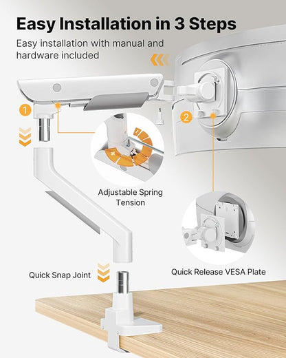 monTEK Sleek Aluminum Monitor Arm for 17–57” Ultrawide Screens up to 59 lbs, Heavy Duty Single Monitor Arm Desk Mount, Pneumatic Lift, Quick-Release Plate, Clamp/Grommet, Max VESA 100x100
