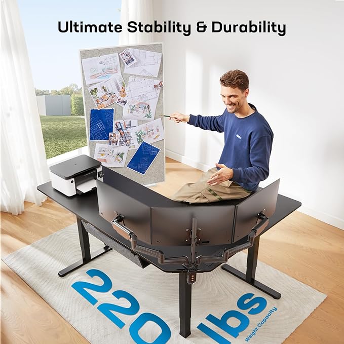 HUANUO 63″ Dual Motor L-Shaped Standing Desk, Built-in Power Outlets, Electric Height Adjustable Corner Computer Desk, Large Power Strip Holder, Sit Stand Up Desk with 3 Preset Heights, Black