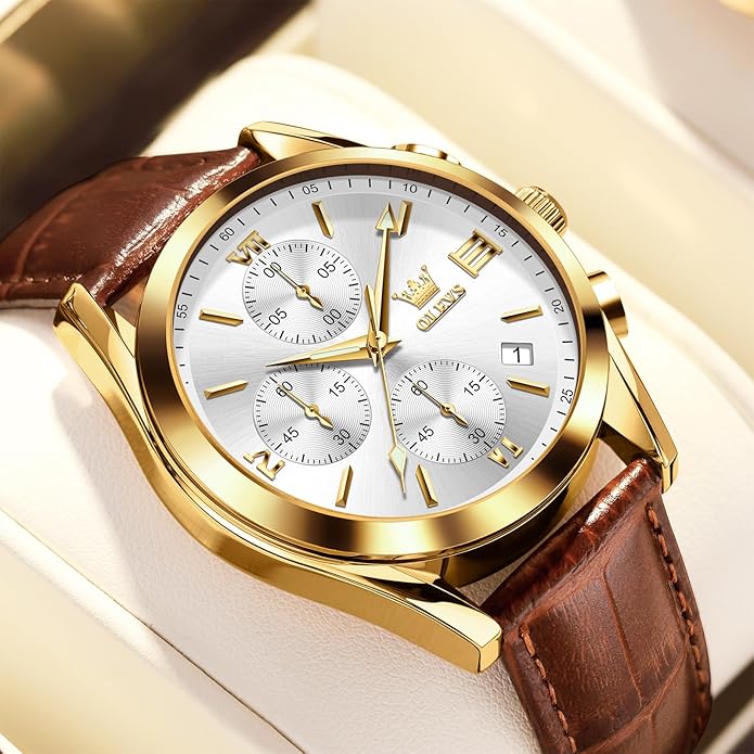 OLEVS Men's Chronograph Leather Watch, Big Face Easy to Read Analog Quartz Dress Watch, Casual Waterproof Luminous Hands Date Watches for Men, White/Blue/Black/Gold Dial