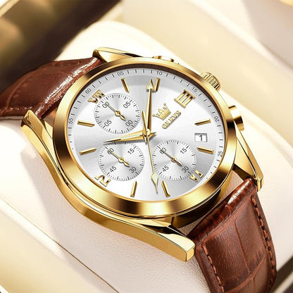 OLEVS Men's Chronograph Leather Watch, Big Face Easy to Read Analog Quartz Dress Watch, Casual Waterproof Luminous Hands Date Watches for Men, White/Blue/Black/Gold Dial