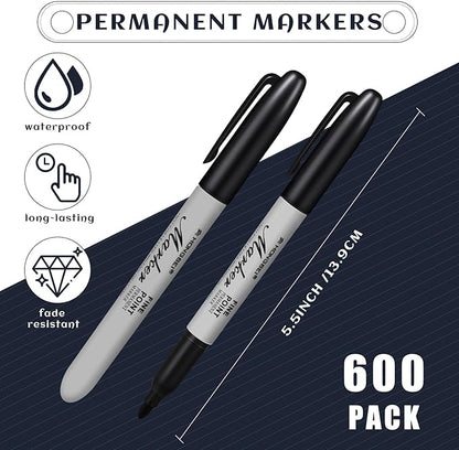 Thenshop 600 Pack Black Permanent Markers Bulk Fine Tip Permanent Marker Set Quick Drying Fine Point Pens for Classroom, Office, Home, Work on Wood, Metal, Stone, Glass, Christmas Office Gifts