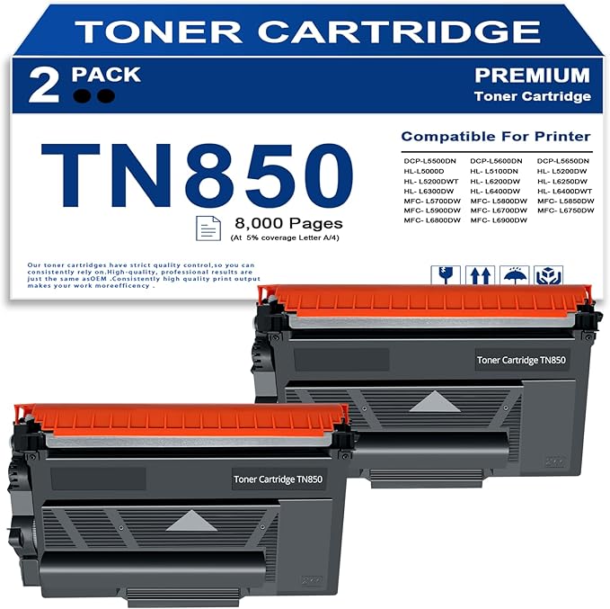 TN850 TN-850 TN820 High Yield Black Toner Cartridge Replacement for Brother TN-850 TN850 TN820 TN880 Compatible with MFC-L5705DW MFC-L5800DW MFC-L5850DW HL-L6200DW HL-L5200DW Printers