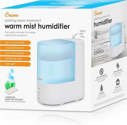 Crane Warm Mist Humidifier, Small Humidifier for Bedroom, Office, Vapor Pad Tray, Soothing Warm Mist Humidifiers For Bedroom, Relief for Dry Air, Quiet Operation, Auto Shut-Off, Desk Humidifiers