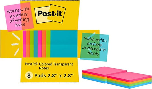 Post-it Colored Transparent Sticky Notes 3x3 in 8 Pads/Pack 36 Sheets/Pad Sticks Securely and Removes Cleanly