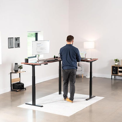 VIVO Electric 78 x 55 inch Square Corner Memory L Shaped Stand Up Desk, Dark Walnut Table Top, Black Frame, Corner Height Adjustable Workstation, 3E-S Series, DESK-KIT-3E5SBD