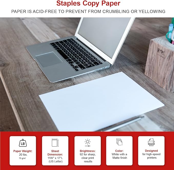 Staples Copy Paper, 11" x 17", 92 Brightness, 20 lbs., Ledger Size Paper (500 Sheets/Ream, 5 Reams/Carton)