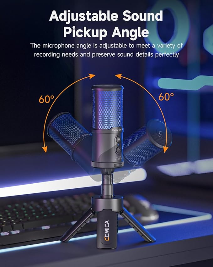 COMICA Ejoy UNI S USB Gaming Microphone for PC, RGB Cardioid Condenser Mic with Tripod Stand, 48kHz/24bit, Noise Cancellation, Streaming Mic for Recording, Podcast, Twitch, Discord, Computer, PS5, PS4