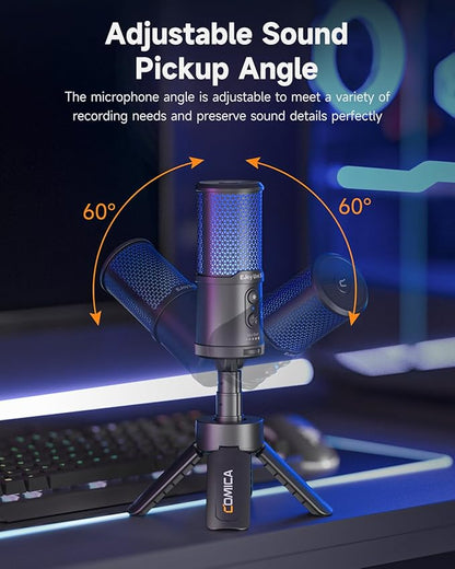 COMICA Ejoy UNI S USB Gaming Microphone for PC, RGB Cardioid Condenser Mic with Tripod Stand, 48kHz/24bit, Noise Cancellation, Streaming Mic for Recording, Podcast, Twitch, Discord, Computer, PS5, PS4