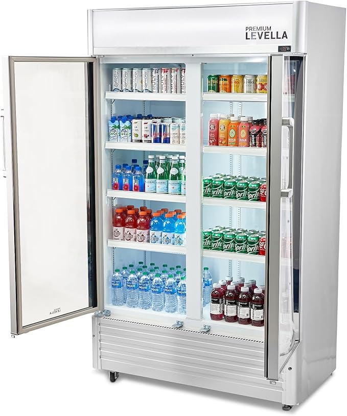 PremiumLevella PRN2110DX Glass Door Display Refrigerator 21.1 cu ft Commercial Beverage Cooler Merchandiser With Customizable Lightbox - Silver