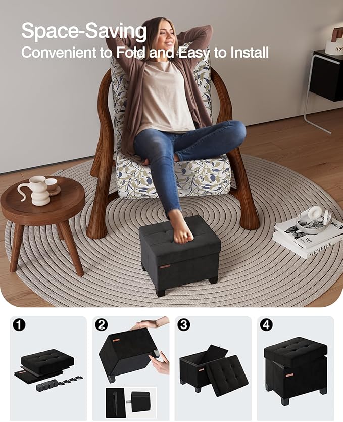 Cube Storage Ottoman, Velvet Foot Stool with Feet, Folding Storage Bench, End of Bed Bench, Storage Chest, for Living Room, Bedroom, 12.6 x 15.8 x 13.2 Inches, Black, ASND21B
