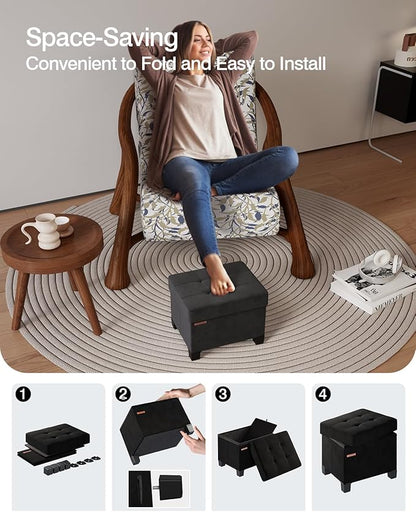 Cube Storage Ottoman, Velvet Foot Stool with Feet, Folding Storage Bench, End of Bed Bench, Storage Chest, for Living Room, Bedroom, 12.6 x 15.8 x 13.2 Inches, Black, ASND21B