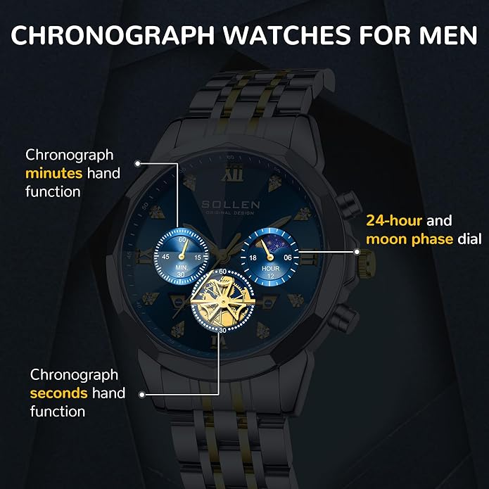 SOLLEN Mens Luxury Watches, Analog Quartz Chronograph Watches for Men, Stainless Steel Watch with Moon Phase, 30M Waterproof Wrist Watch for Men,Business Dress Classic Elegant Work Watch Gifts for Man