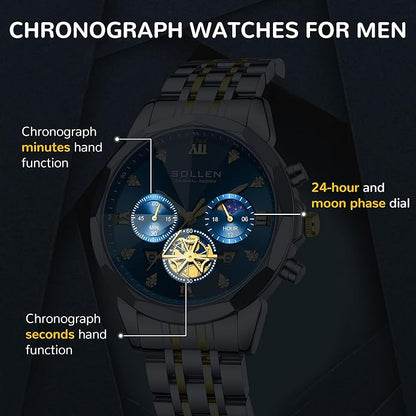 SOLLEN Mens Luxury Watches, Analog Quartz Chronograph Watches for Men, Stainless Steel Watch with Moon Phase, 30M Waterproof Wrist Watch for Men,Business Dress Classic Elegant Work Watch Gifts for Man
