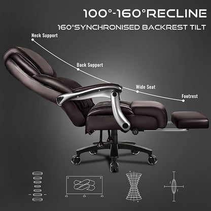 OFIKA 600lbs Big and Tall Office Chair with Foot Rest and Lifting Headrest,Large Heavy Duty Chair with Adjustable Lumber Support,Executive Office Chair,Leather Chair for Heavy People (Brown)