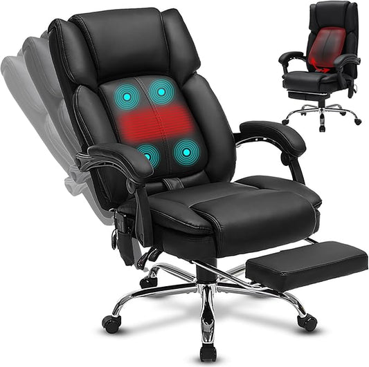 Massage Office Chair with Footrest 4 Points Vibrationand Heat,Reclining Leather Desk Chair for Heavy People,Executive Big and Tall Chairs 500lbs,Adjustable Lumar Support Ergonomic Black
