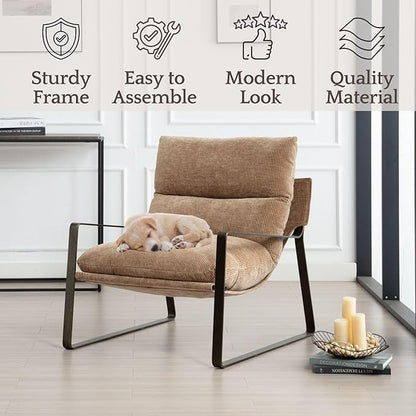 LukeAlon Modern Chenille Accent Armchairs Set of 2, Upholstered Lounge Chairs with Brass Metal Frame Thickened Cushion Single Sofa Chair Comfy Leisure Chair for Bedroom Living Room, Khaki