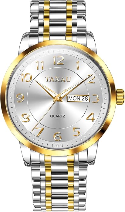 Stainless Steel Mens Watches with Day Date Quartz Analog Large Face Classic Watch Arabic Numerals Dress Luminous Rlojes para Hombres