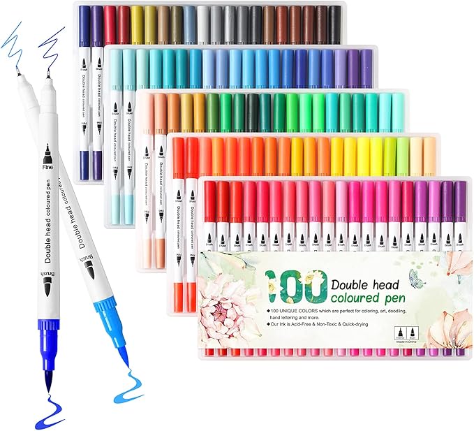 100 Colors Art Markers for Coloring,Coloring Pens,Dual Brush Tip Markers for Adult Drawing,Fine Tip Pens for Art,Journaling,Doodling & Lettering