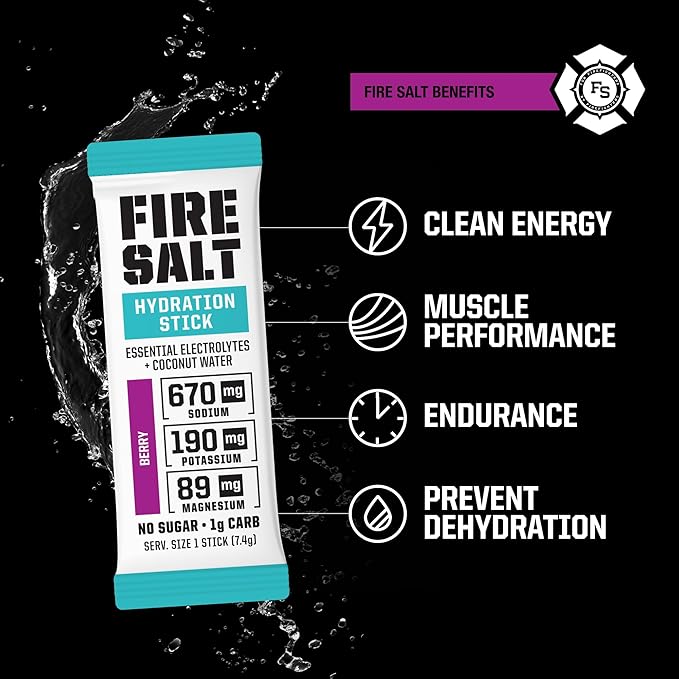 Fire Science Fire Salt Hydration Sticks, Electrolytes & Coconut Water, Hydration Drink Mix with Magnesium, Potassium & Sodium, Zero Sugar, Single Serve On The Go Packs, Berry Flavor, 32 Count