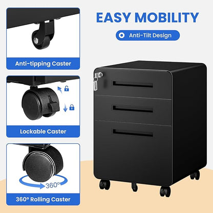 MIIIKO Mobile Filing Cabinet 3 Drawer, Rolling Small File Cabinet with Keys Under Desk, Modern Black Filing Cabinets for Home Office with Anti-tilt Wheels, A4/Letter/Legal Hanging File Drawers