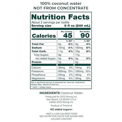 Zico 100% Coconut Water, NO added Sugar, Refreshingly Delicious, Hydration with Electrolytes, 16.9 Fl Oz (Pack of 12)