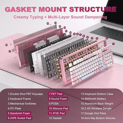 YUNZII AL98 QMK/VIA Wireless Mechanical Gaming Keyboard,Full Aluminum,BT/2.4G/USB-C, Pre-Lubed Hot Swappable Gasket Mount 1800 Layout,RGB Backlit for Win/Mac (Pink, Cocoa Cream V2 Switch)