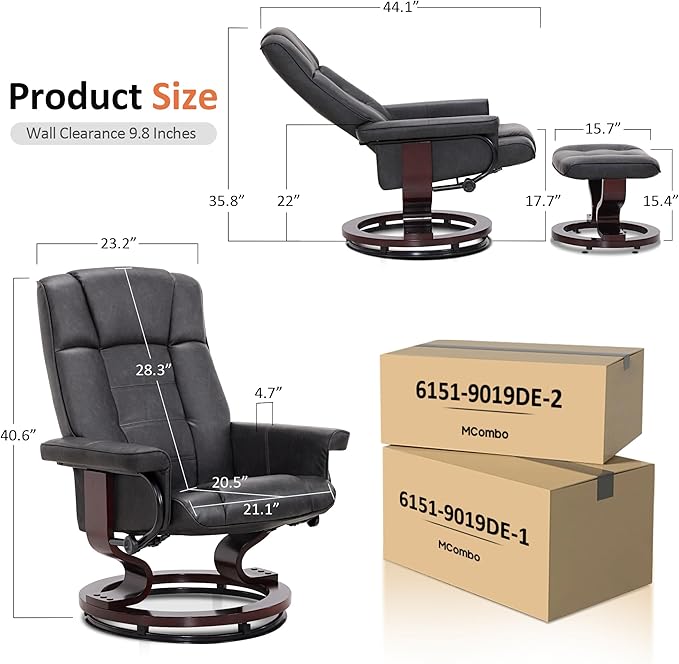 MCombo Manual Swivel Recliner with Ottoman, Chair Ottoman Set for RV Small Spaces, Living Room, Bedroom, Office 9019 4919 (Faux Leather, Dark Grey)