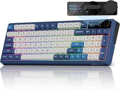 RK ROYAL KLUDGE M100 Wireless Mechanical Keyboard w/Screen & Dual Knobs, Tri-Mode Gasket Mount Gaming Keyboard with Number Pad, Hot Swappable Cream Switch, Blue