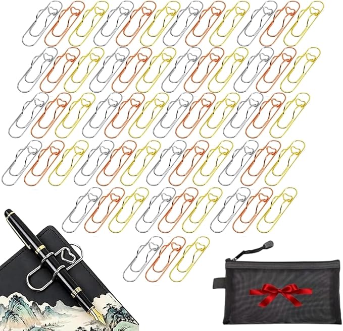 Metal Pencil Clips, 6pcs 3 Colors Heart Pen Clip Metal Pencil Clips Multifunctional Rose Gold Silver Carbon Steel Paperc, Heart Pen Clip for Notebook, for Notebooks and Papers (60PCS)