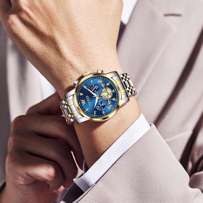 OLEVS Men Watches Stainless Steel Chronograph Watch, Large Wrist Analog Quartz Watch, Fashion Waterproof Diamond Roman Numerals Dress Watches for Men, Gold/Black/White/Blue/Grey Dial