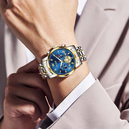 OLEVS Men Watches Stainless Steel Chronograph Watch, Large Wrist Analog Quartz Watch, Fashion Waterproof Diamond Roman Numerals Dress Watches for Men, Gold/Black/White/Blue/Grey Dial