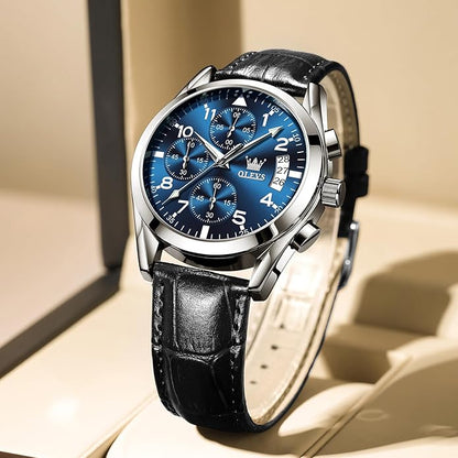 OLEVS Men's Chronograph Leather Watch, Big Face Easy to Read Analog Quartz Dress Watch, Casual Waterproof Luminous Hands Date Watches for Men, White/Blue/Black/Gold Dial