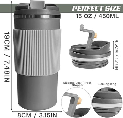 YINBAOGE Upgraded Insulated Travel Coffee Mug, Spill Proof & Leak Proof, Portable Camping Stainless Steel Tumbler, Reusable Thermal Coffee Cup with Lid for Hot & Cold Drinks(4th-Gray, 15OZ)