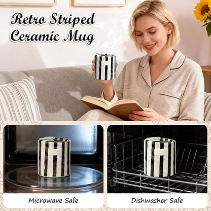 Novelty Ceramic Coffee Mug Designed to Look Like a Gift Box, 10oz Retro Hand-Painted Ceramic Travel Mug, Brown & White Striped, Microwave & Dishwasher Safe, Perfect Present for Coffee Lovers (Black)