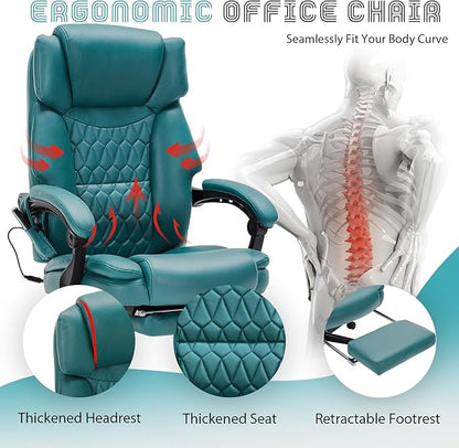 Massage Office Chair with Foot Rest 6 Points Vibration and Heat Home Office Desk Chairs for Heavy People 400lbs Reclining Managerial Chairs Ergonomic Executive Chair (Teal Blue)