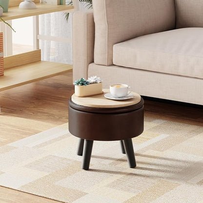 Small Foot Stool Ottoman with Storage, Faux Leather Ottoman Foot Rest for Couch, Round Footstool Ottomans for Living Room (Brown)