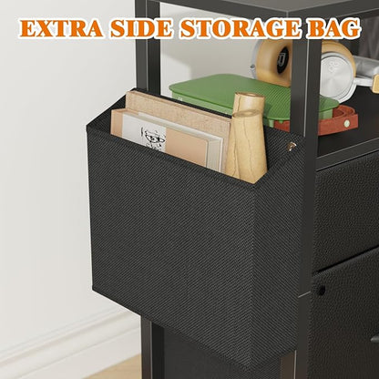GYIIYUO 2 Drawer File Cabinet with 24'' Extended Desktop, Mobile Filing Cabinet, Rolling File Cabinet with Side Bag, Fabric Drawer, Fits A4 Size, Home Office, Black