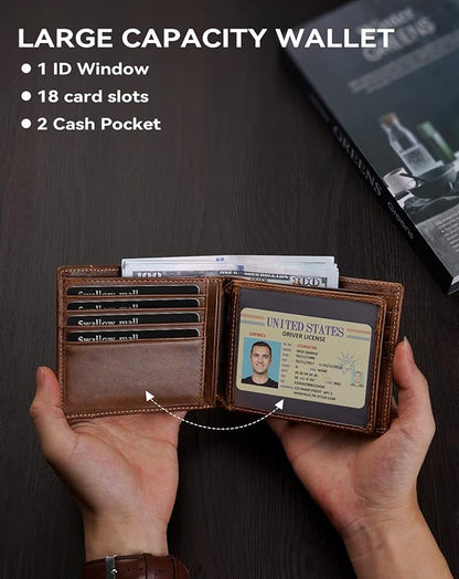 Swallowmall Mens Wallet Rfid Blocking Leather Wallet for Men Bifold Wallets with 1 ID Window 16 Card Slot